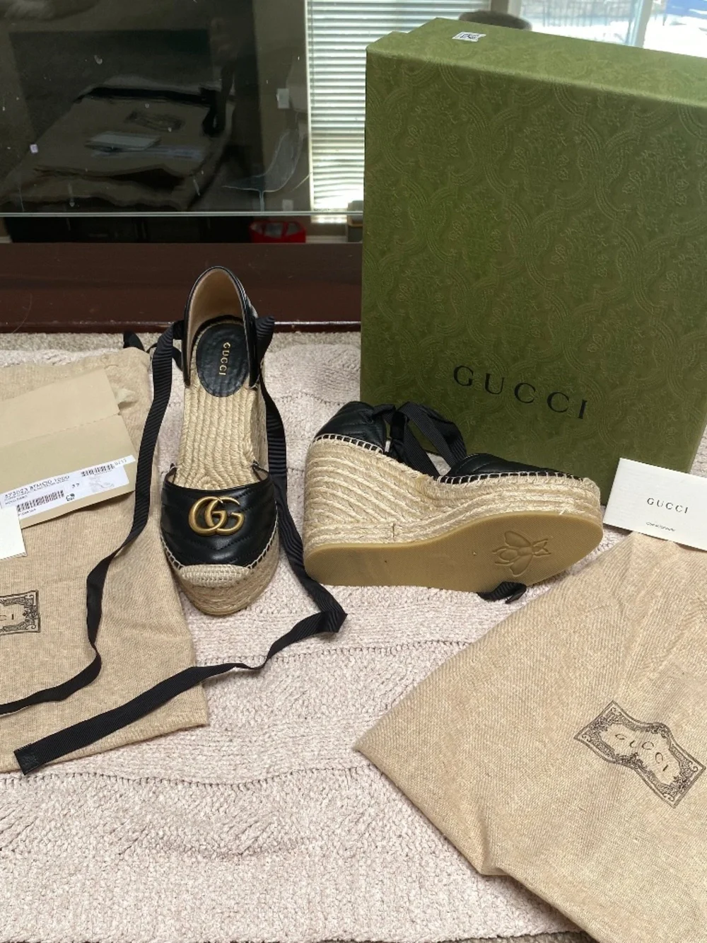 Gucci black monogram espadrilles with ankle ties